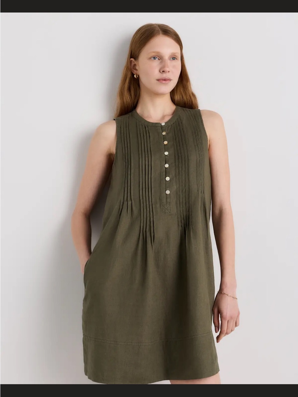 Quince Olive Green Pintuck Sleeveless Shift Dress Small